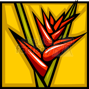 The clipart image depicts a stylized version of a tropical Hawaiian flower, possibly a Bird of Paradise, characterized by its bright red and orange colors, with long pointy petals and a sharp overall silhouette. It is set against a yellow background with abstract green shapes, possibly representing leaves or foliage.