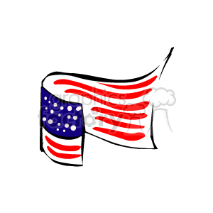 The clipart image features a stylized representation of the American flag, with its characteristic stripes in red and white as well as a section with white stars against a blue background. The flag appears to be waving, suggesting movement and patriotism. It is commonly associated with American Independence Day, also known as the 4th of July, which is a major American holiday celebrating the United States' declaration of independence from British rule.