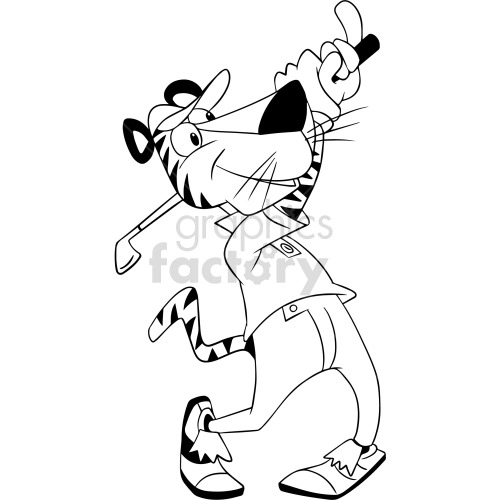The clipart image features a cartoon tiger standing on its hind legs, dressed in golf attire which includes a visor cap, a collared shirt, pants, and golf shoes. The tiger is holding a golf club in its hands with a pose that suggests it is ready to take a swing at a golf ball.