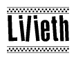 The image is a black and white clipart of the text Lilieth in a bold, italicized font. The text is bordered by a dotted line on the top and bottom, and there are checkered flags positioned at both ends of the text, usually associated with racing or finishing lines.