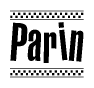 The image is a black and white clipart of the text Parin in a bold, italicized font. The text is bordered by a dotted line on the top and bottom, and there are checkered flags positioned at both ends of the text, usually associated with racing or finishing lines.