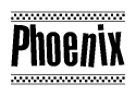 The clipart image displays the text Phoenix in a bold, stylized font. It is enclosed in a rectangular border with a checkerboard pattern running below and above the text, similar to a finish line in racing. 