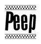 The clipart image displays the text Peep in a bold, stylized font. It is enclosed in a rectangular border with a checkerboard pattern running below and above the text, similar to a finish line in racing. 