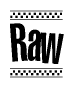 The image contains the text Raw in a bold, stylized font, with a checkered flag pattern bordering the top and bottom of the text.