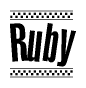The clipart image displays the text Ruby in a bold, stylized font. It is enclosed in a rectangular border with a checkerboard pattern running below and above the text, similar to a finish line in racing. 