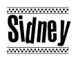 The image is a black and white clipart of the text Sidney in a bold, italicized font. The text is bordered by a dotted line on the top and bottom, and there are checkered flags positioned at both ends of the text, usually associated with racing or finishing lines.