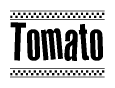 The clipart image displays the text Tomato in a bold, stylized font. It is enclosed in a rectangular border with a checkerboard pattern running below and above the text, similar to a finish line in racing. 