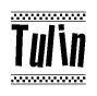 The image is a black and white clipart of the text Tulin in a bold, italicized font. The text is bordered by a dotted line on the top and bottom, and there are checkered flags positioned at both ends of the text, usually associated with racing or finishing lines.