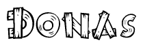 The image contains the name Donas written in a decorative, stylized font with a hand-drawn appearance. The lines are made up of what appears to be planks of wood, which are nailed together