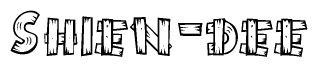 The image contains the name Shien-dee written in a decorative, stylized font with a hand-drawn appearance. The lines are made up of what appears to be planks of wood, which are nailed together