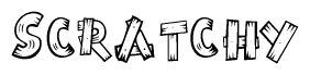 The image contains the name Scratchy written in a decorative, stylized font with a hand-drawn appearance. The lines are made up of what appears to be planks of wood, which are nailed together
