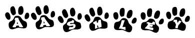 The image shows a row of animal paw prints, each containing a letter. The letters spell out the word Aashley within the paw prints.