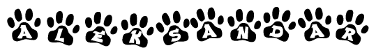 The image shows a series of animal paw prints arranged in a horizontal line. Each paw print contains a letter, and together they spell out the word Aleksandar.