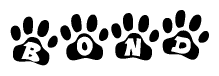 The image shows a series of animal paw prints arranged horizontally. Within each paw print, there's a letter; together they spell Bond