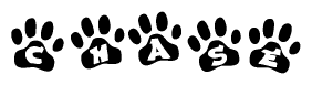 The image shows a row of animal paw prints, each containing a letter. The letters spell out the word Chase within the paw prints.