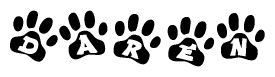 The image shows a row of animal paw prints, each containing a letter. The letters spell out the word Daren within the paw prints.