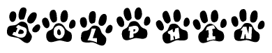 The image shows a series of animal paw prints arranged in a horizontal line. Each paw print contains a letter, and together they spell out the word Dolphin.