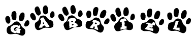 The image shows a row of animal paw prints, each containing a letter. The letters spell out the word Gabriel within the paw prints.