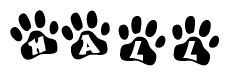 The image shows a series of animal paw prints arranged horizontally. Within each paw print, there's a letter; together they spell Hall
