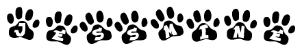 The image shows a row of animal paw prints, each containing a letter. The letters spell out the word Jessmine within the paw prints.