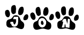 The image shows a row of animal paw prints, each containing a letter. The letters spell out the word Jon within the paw prints.