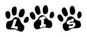 The image shows a series of animal paw prints arranged horizontally. Within each paw print, there's a letter; together they spell Lis