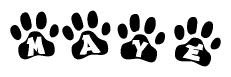 The image shows a series of animal paw prints arranged horizontally. Within each paw print, there's a letter; together they spell Maye