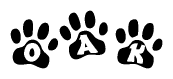 The image shows a series of animal paw prints arranged horizontally. Within each paw print, there's a letter; together they spell Oak