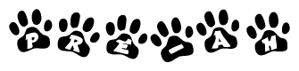 The image shows a row of animal paw prints, each containing a letter. The letters spell out the word Pre-ah within the paw prints.