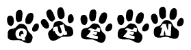 The image shows a series of animal paw prints arranged horizontally. Within each paw print, there's a letter; together they spell Queen