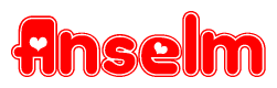 The image is a clipart featuring the word Anselm written in a stylized font with a heart shape replacing inserted into the center of each letter. The color scheme of the text and hearts is red with a light outline.