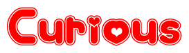 The image is a clipart featuring the word Curious written in a stylized font with a heart shape replacing inserted into the center of each letter. The color scheme of the text and hearts is red with a light outline.