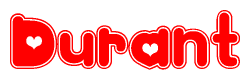 The image is a red and white graphic with the word Durant written in a decorative script. Each letter in  is contained within its own outlined bubble-like shape. Inside each letter, there is a white heart symbol.