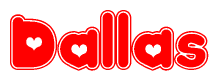 The image is a red and white graphic with the word Dallas written in a decorative script. Each letter in  is contained within its own outlined bubble-like shape. Inside each letter, there is a white heart symbol.