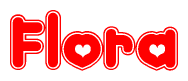 The image displays the word Flora written in a stylized red font with hearts inside the letters.