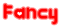 The image is a red and white graphic with the word Fancy written in a decorative script. Each letter in  is contained within its own outlined bubble-like shape. Inside each letter, there is a white heart symbol.