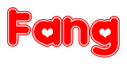 The image is a red and white graphic with the word Fang written in a decorative script. Each letter in  is contained within its own outlined bubble-like shape. Inside each letter, there is a white heart symbol.