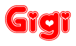 The image is a clipart featuring the word Gigi written in a stylized font with a heart shape replacing inserted into the center of each letter. The color scheme of the text and hearts is red with a light outline.