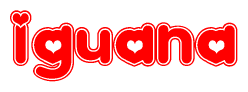 The image is a red and white graphic with the word Iguana written in a decorative script. Each letter in  is contained within its own outlined bubble-like shape. Inside each letter, there is a white heart symbol.