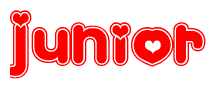 The image is a red and white graphic with the word Junior written in a decorative script. Each letter in  is contained within its own outlined bubble-like shape. Inside each letter, there is a white heart symbol.
