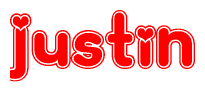The image is a clipart featuring the word Justin written in a stylized font with a heart shape replacing inserted into the center of each letter. The color scheme of the text and hearts is red with a light outline.