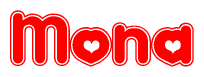 The image is a red and white graphic with the word Mona written in a decorative script. Each letter in  is contained within its own outlined bubble-like shape. Inside each letter, there is a white heart symbol.
