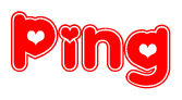 The image is a red and white graphic with the word Ping written in a decorative script. Each letter in  is contained within its own outlined bubble-like shape. Inside each letter, there is a white heart symbol.