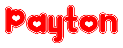 The image is a red and white graphic with the word Payton written in a decorative script. Each letter in  is contained within its own outlined bubble-like shape. Inside each letter, there is a white heart symbol.