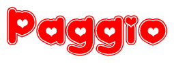 The image is a clipart featuring the word Paggio written in a stylized font with a heart shape replacing inserted into the center of each letter. The color scheme of the text and hearts is red with a light outline.