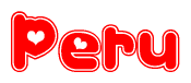 The image is a red and white graphic with the word Peru written in a decorative script. Each letter in  is contained within its own outlined bubble-like shape. Inside each letter, there is a white heart symbol.