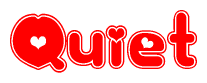 The image is a red and white graphic with the word Quiet written in a decorative script. Each letter in  is contained within its own outlined bubble-like shape. Inside each letter, there is a white heart symbol.
