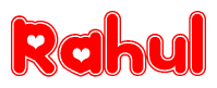 The image is a clipart featuring the word Rahul written in a stylized font with a heart shape replacing inserted into the center of each letter. The color scheme of the text and hearts is red with a light outline.