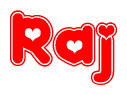The image is a clipart featuring the word Raj written in a stylized font with a heart shape replacing inserted into the center of each letter. The color scheme of the text and hearts is red with a light outline.