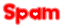 The image is a red and white graphic with the word Spam written in a decorative script. Each letter in  is contained within its own outlined bubble-like shape. Inside each letter, there is a white heart symbol.